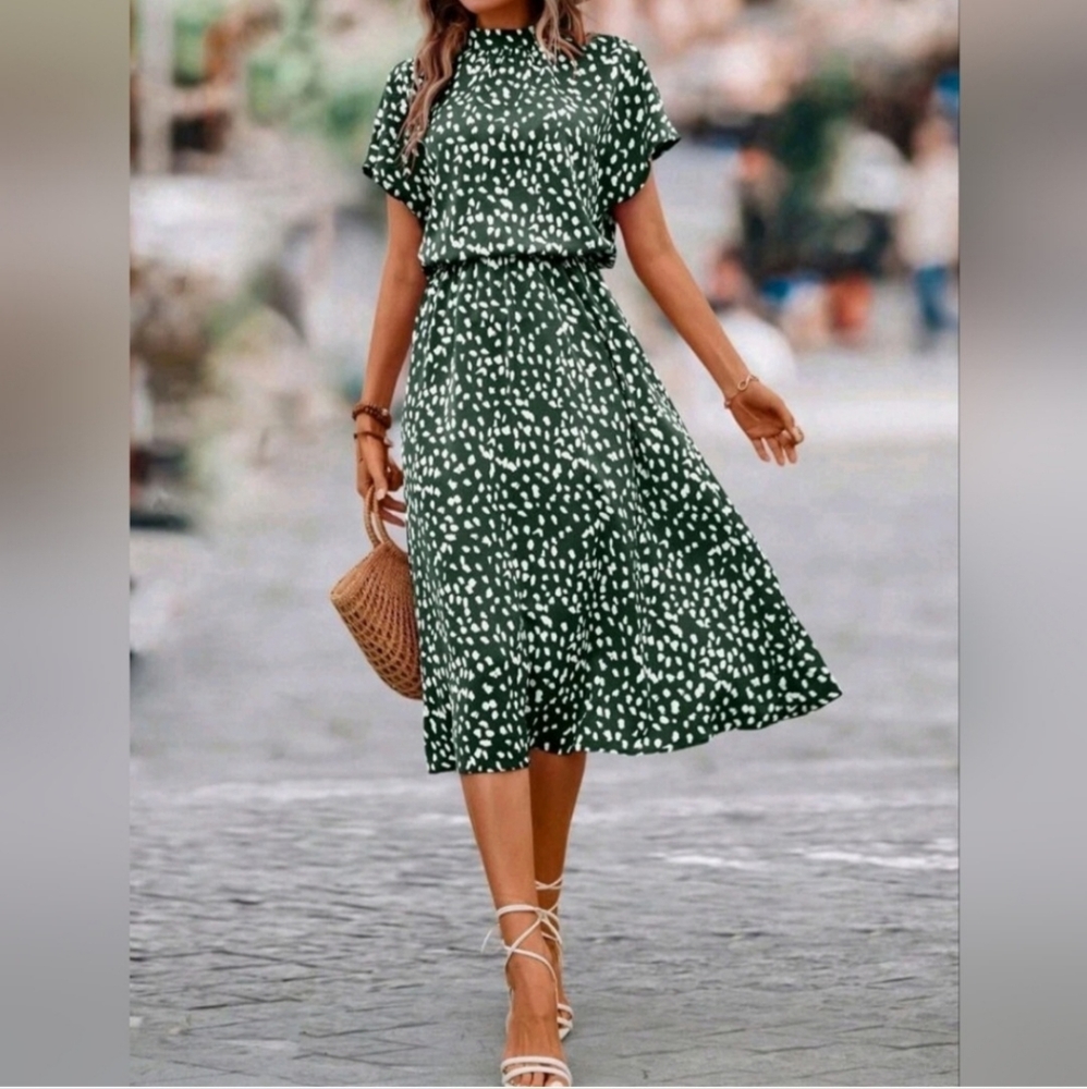 New Chic Blouson Top Dot Print Flare Midi Dress Dark Green White